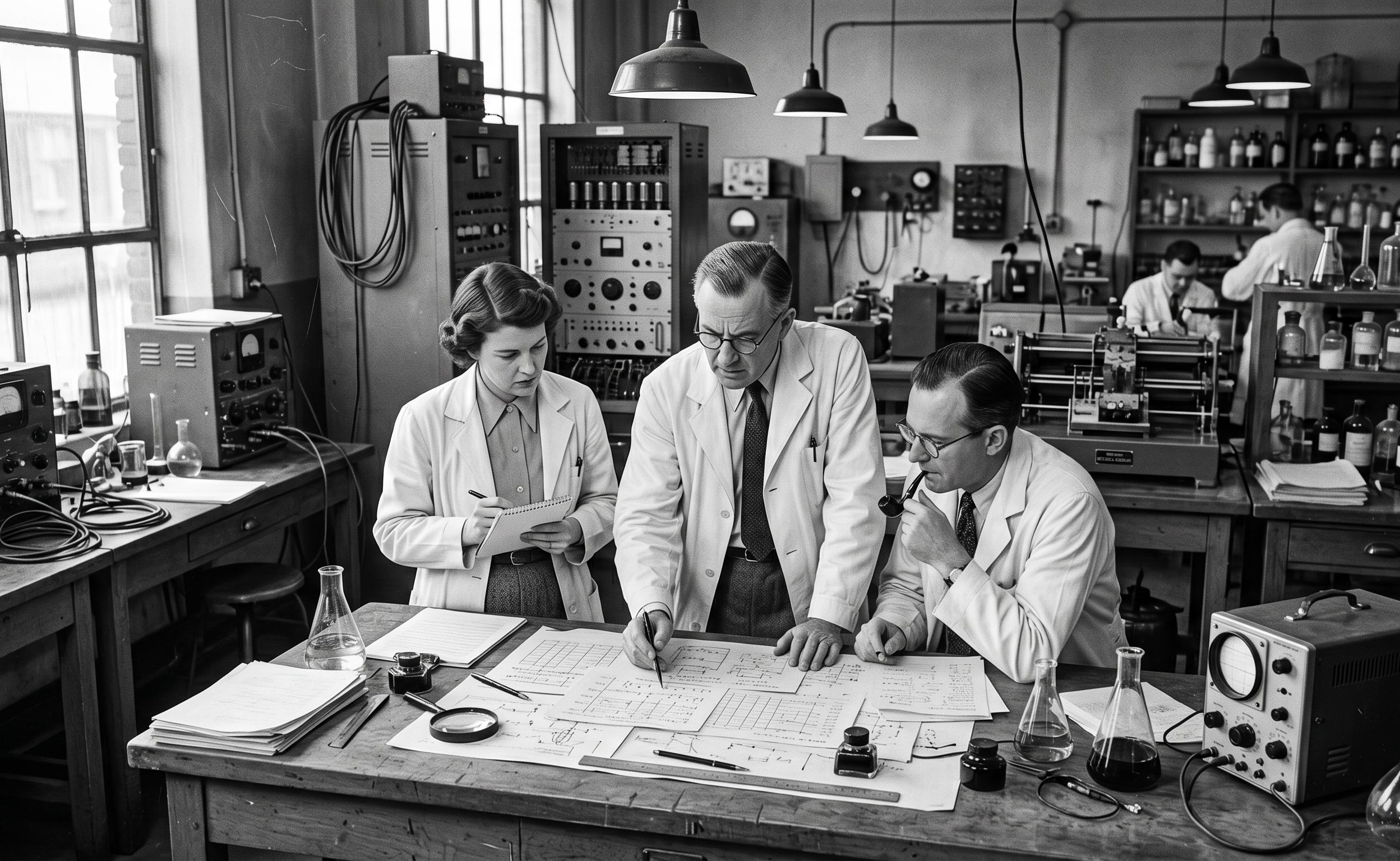 Three scientists examining blueprints spread across a laboratory workbench, 1944