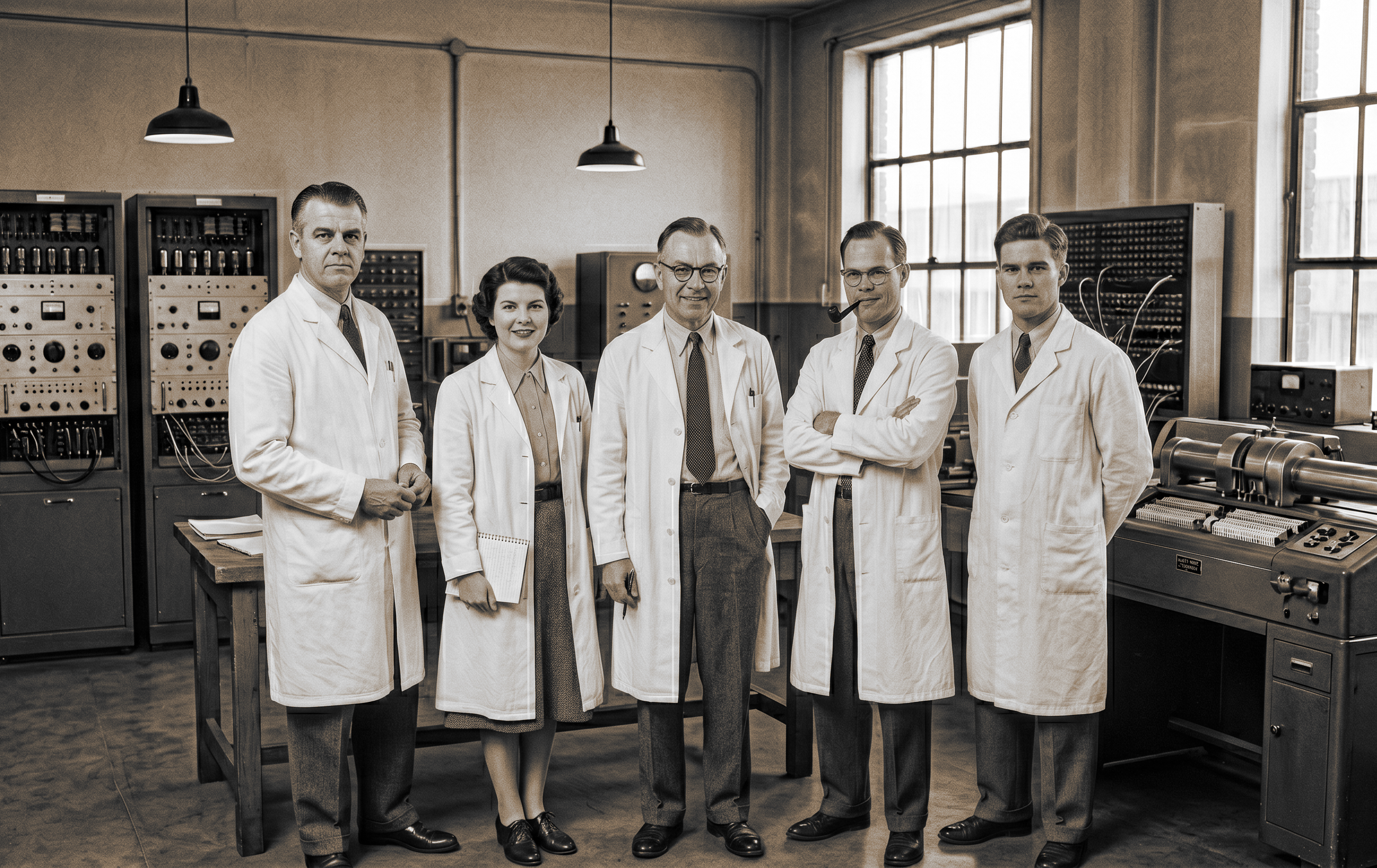 Five scientists in white coats posing in front of laboratory equipment, circa 1945