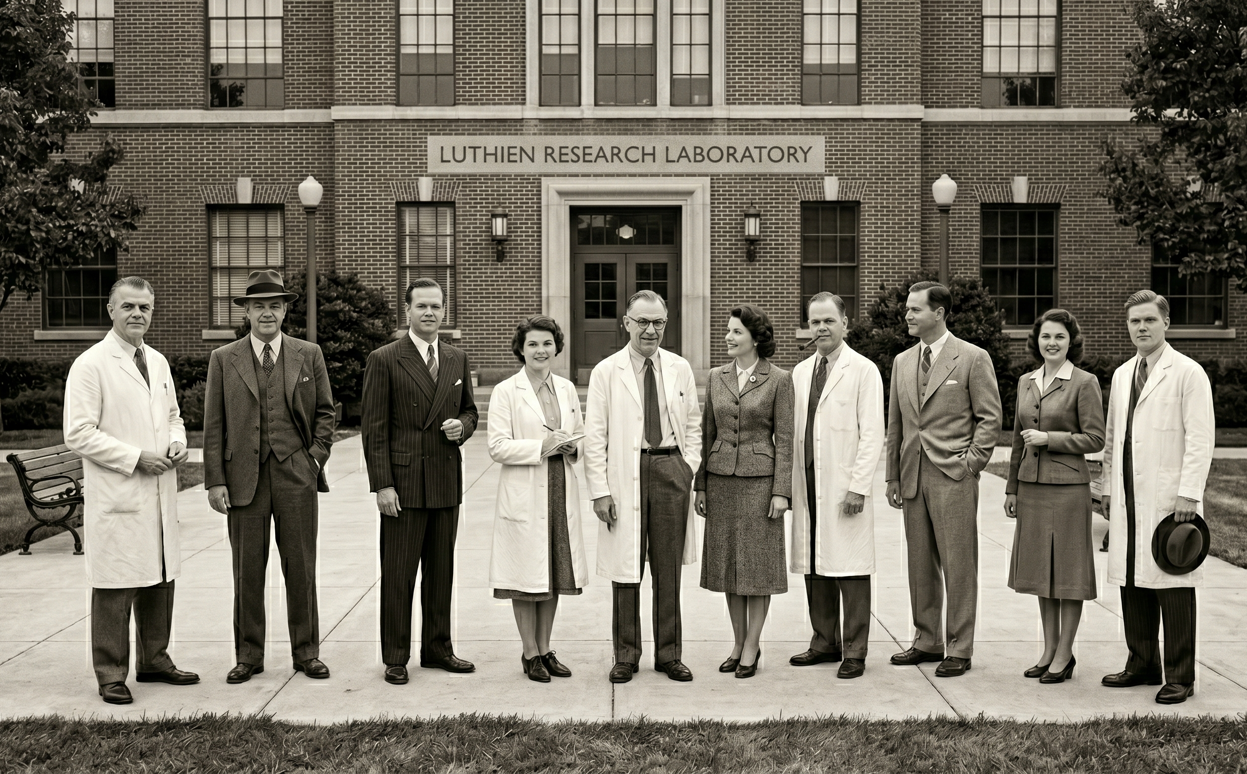 The founding staff assembled in front of the Luthien Research Laboratory building, 1943