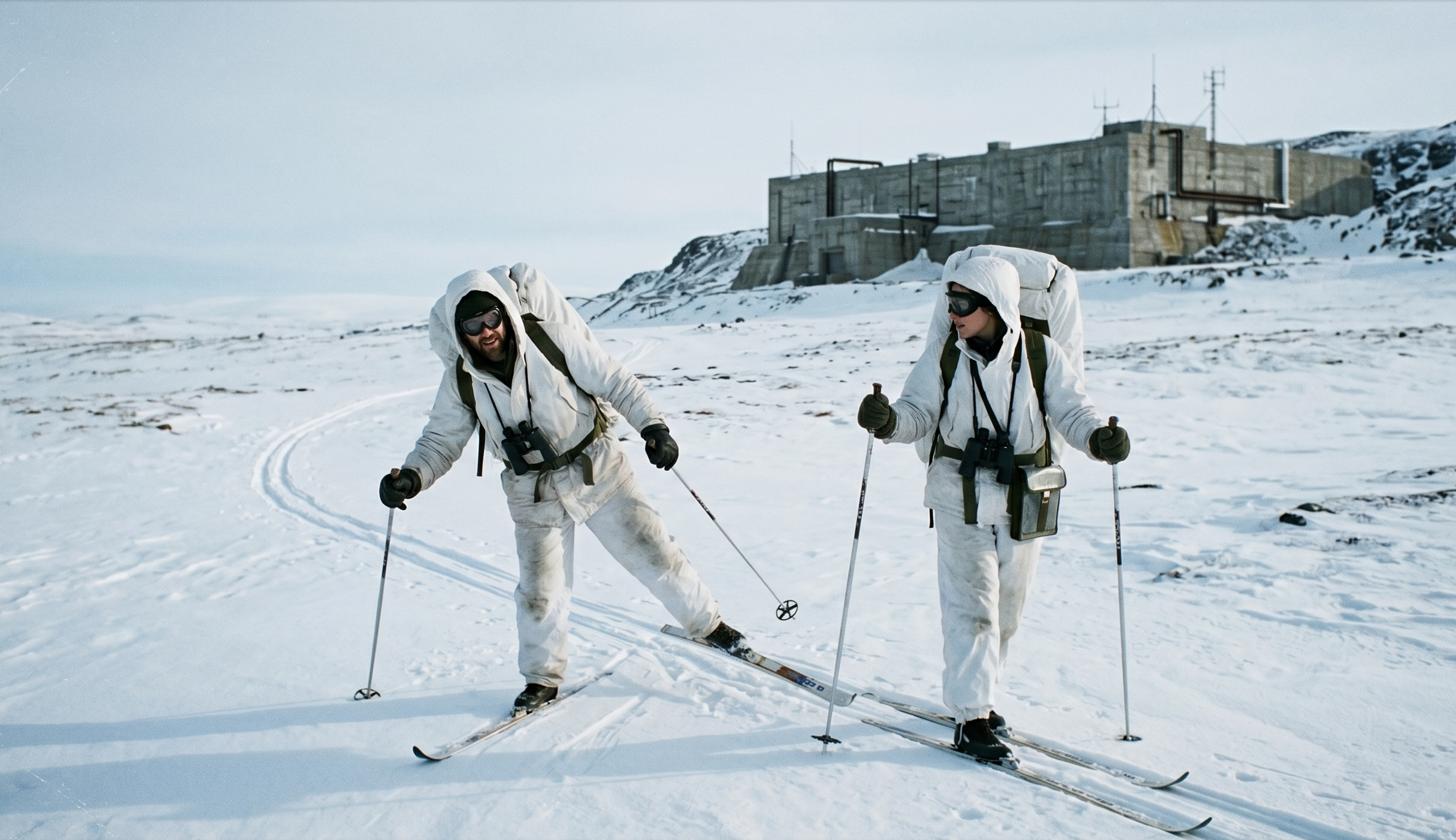 Two researchers in white winter camouflage suits skiing away from a concrete research installation in an arctic landscape, 1997
