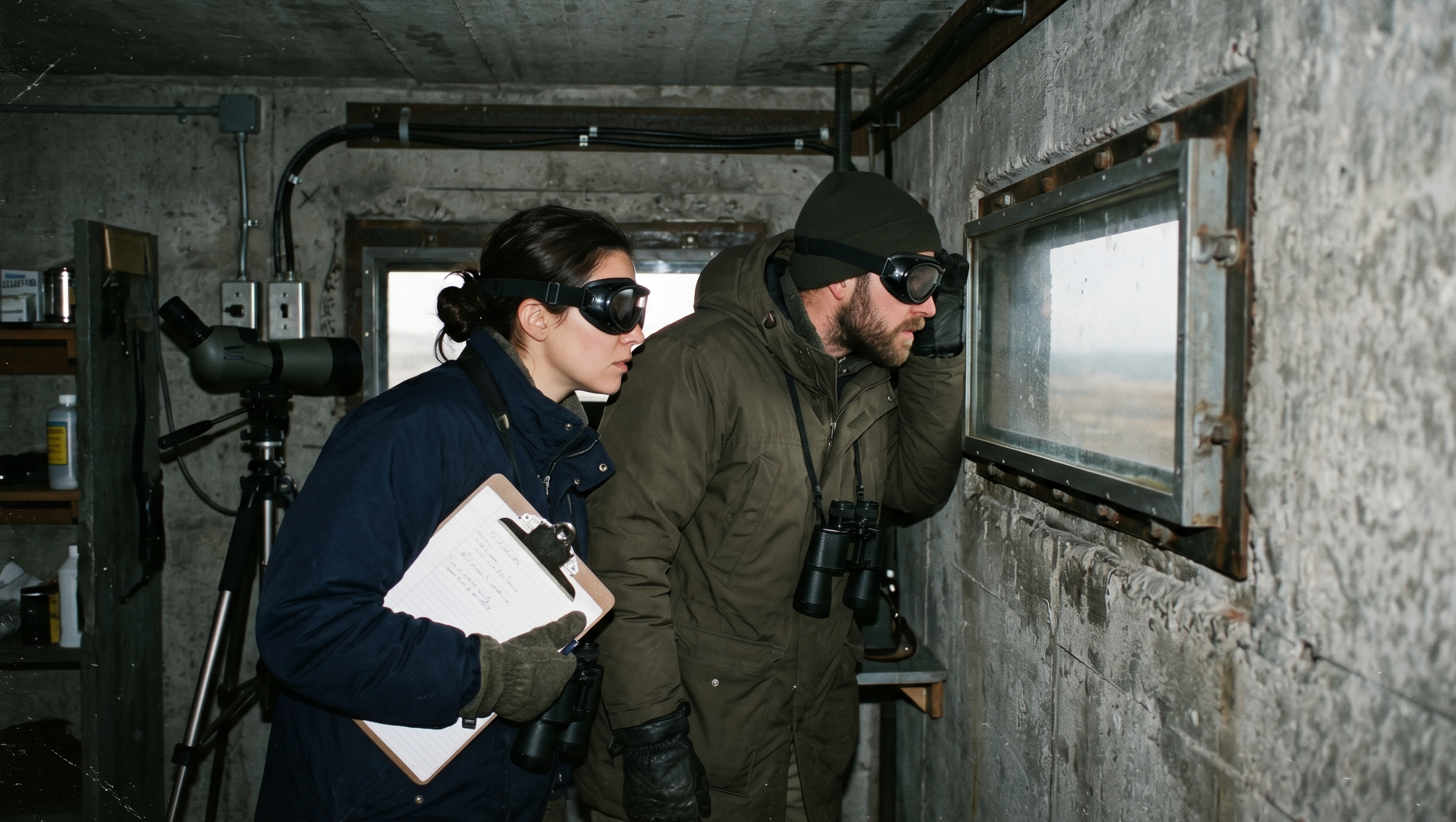 Two researchers wearing protective goggles looking through a reinforced observation port in a concrete bunker, 1997