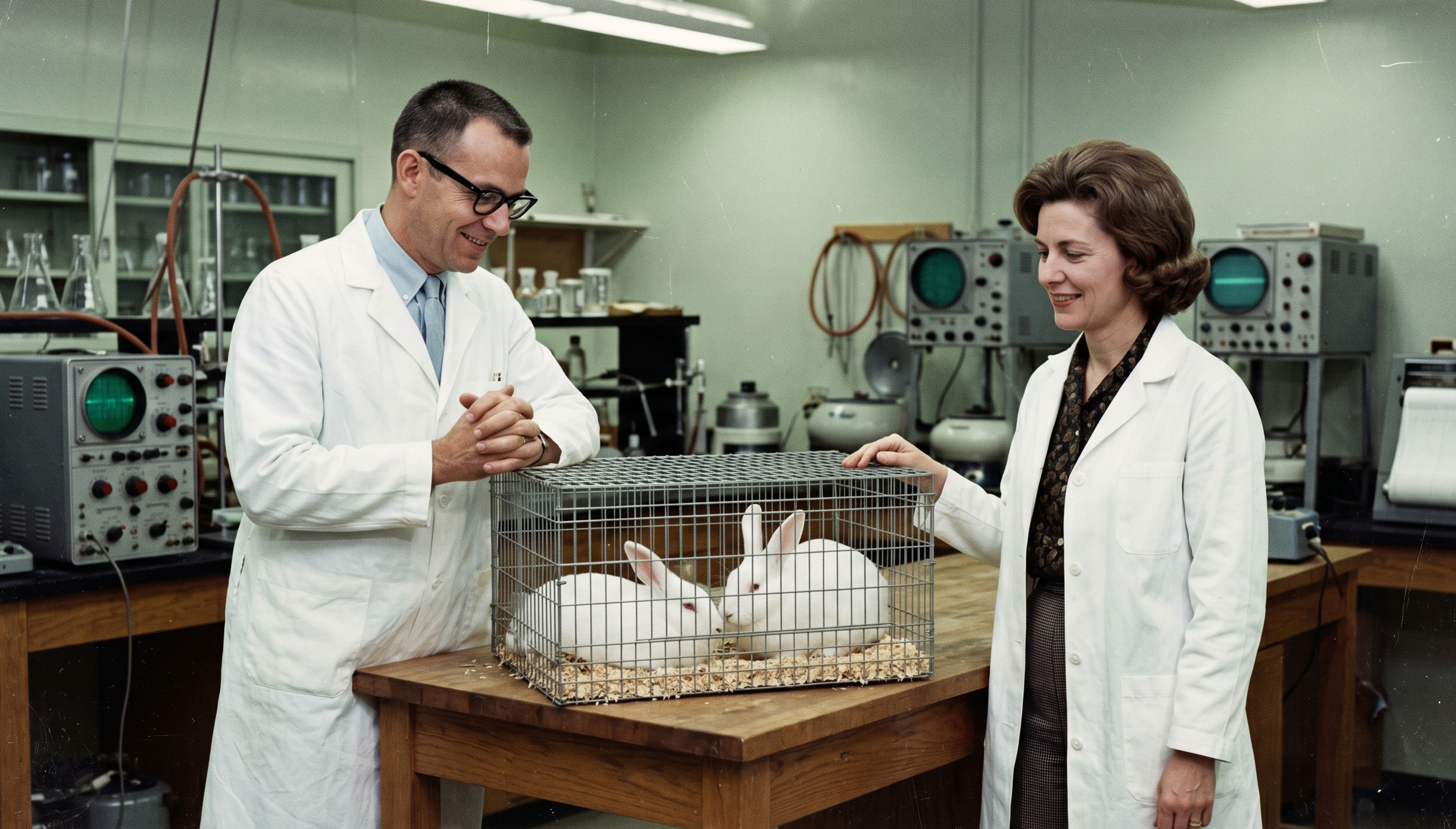 A man and woman in white lab coats examining two white rabbits in a wire cage, 1966