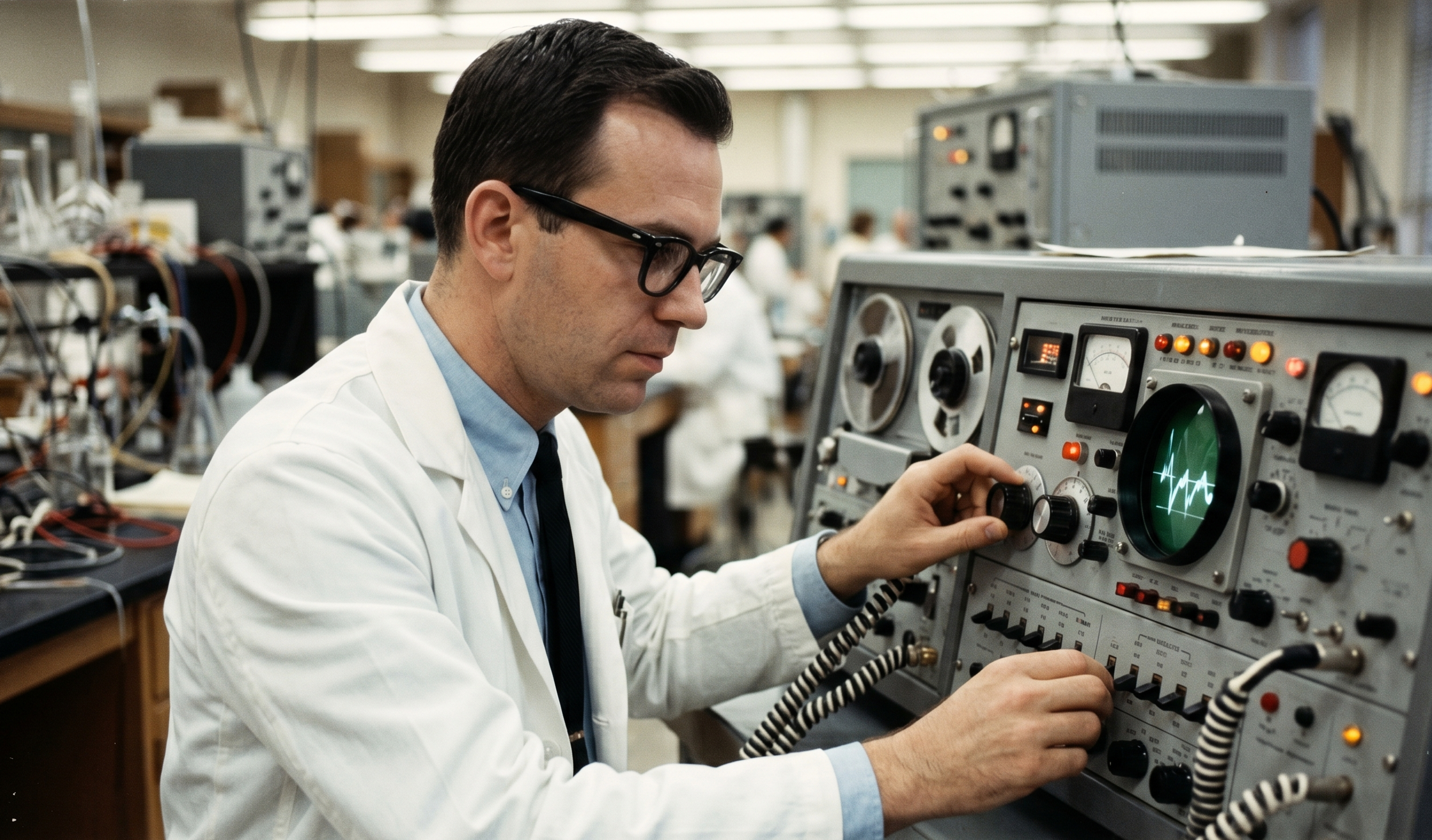 A male scientist in a white coat and thick-framed glasses operating an oscilloscope in a large laboratory, 1963